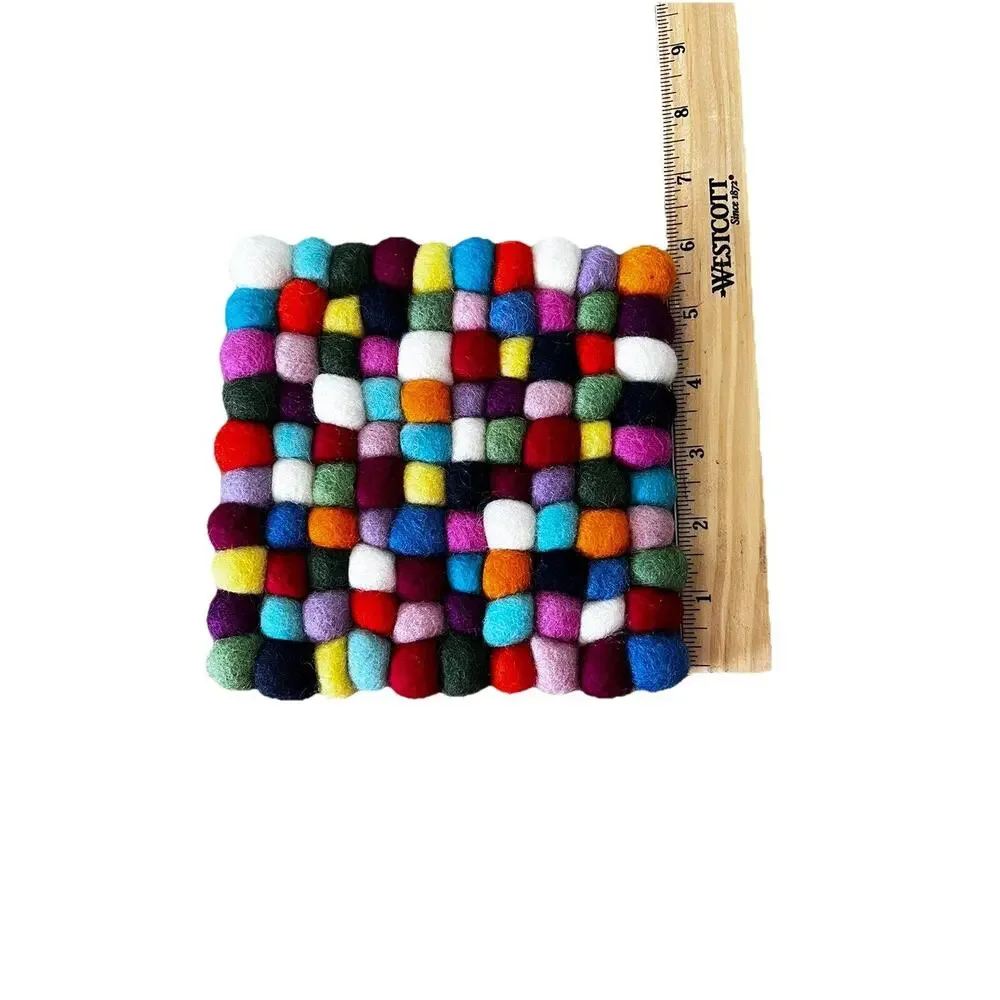 Rainbow Felted Wool Ball Trivets Hot Pads Lot Of 3 Bohemian Boho 8x8 And 6x6